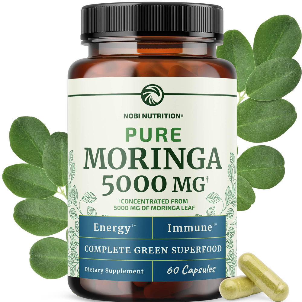 Nobi Moringa Capsules 5000mg bottle front highlighting premium antioxidant supplement
