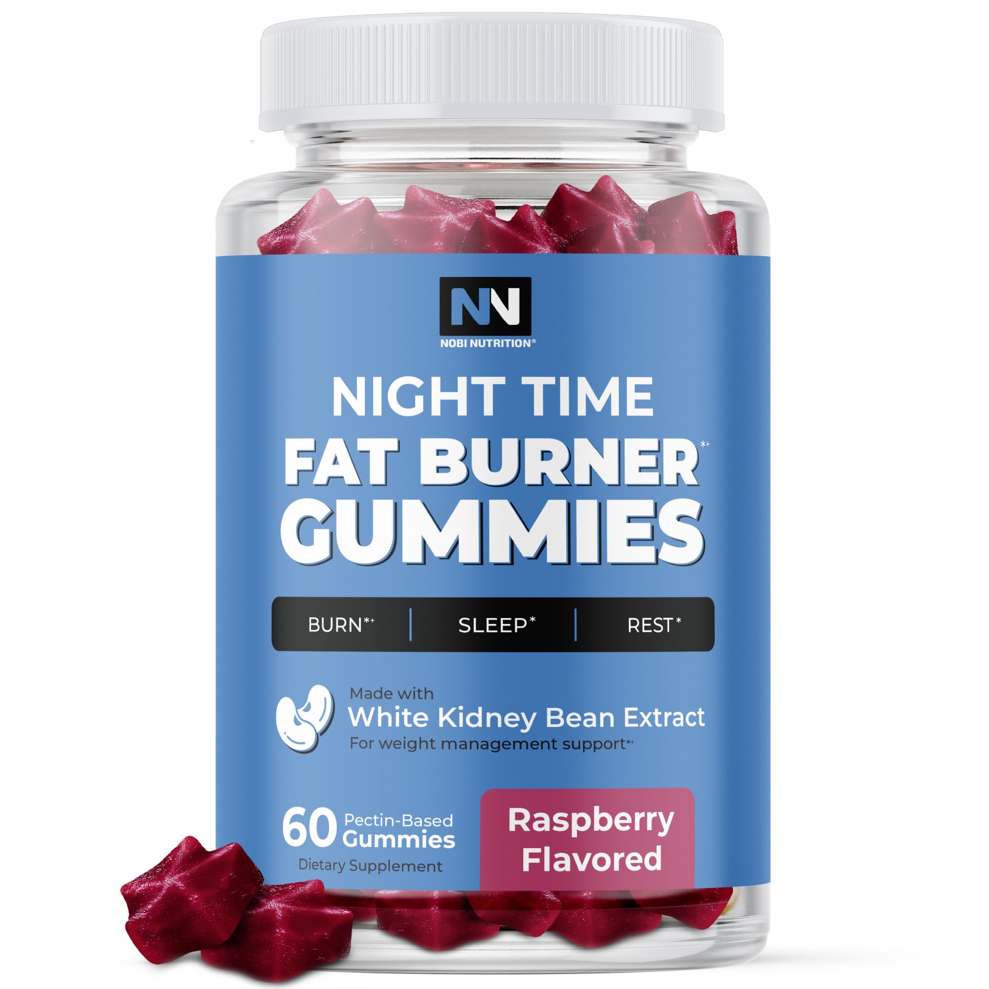 Nobi Nutrition Night Time Fat Burner bottle on nightstand signals sleep support and calm evenings