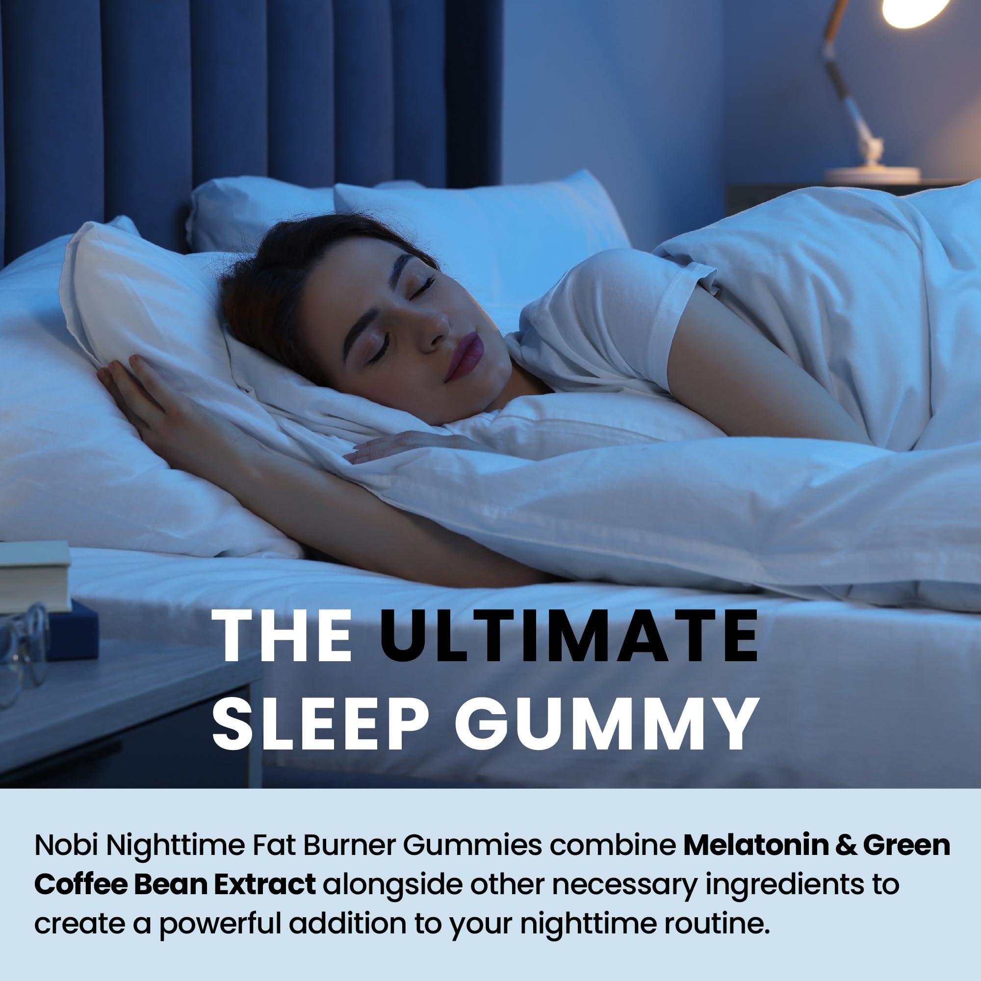 Nobi Night Time Fat Burner gummies beside bedtime book suggest a calm, sleep-ready snack