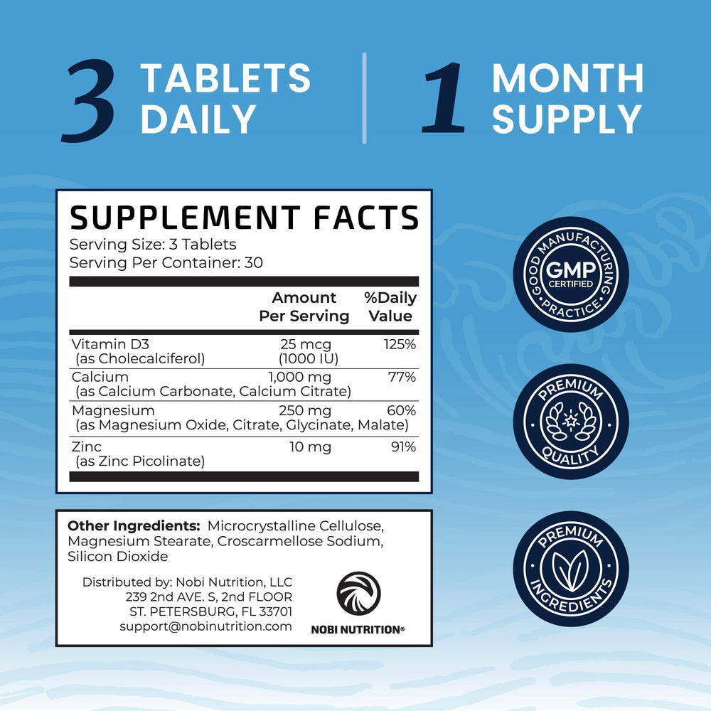 Nobi Nutrition calcium citrate tablets pack looking at 90-count bottle