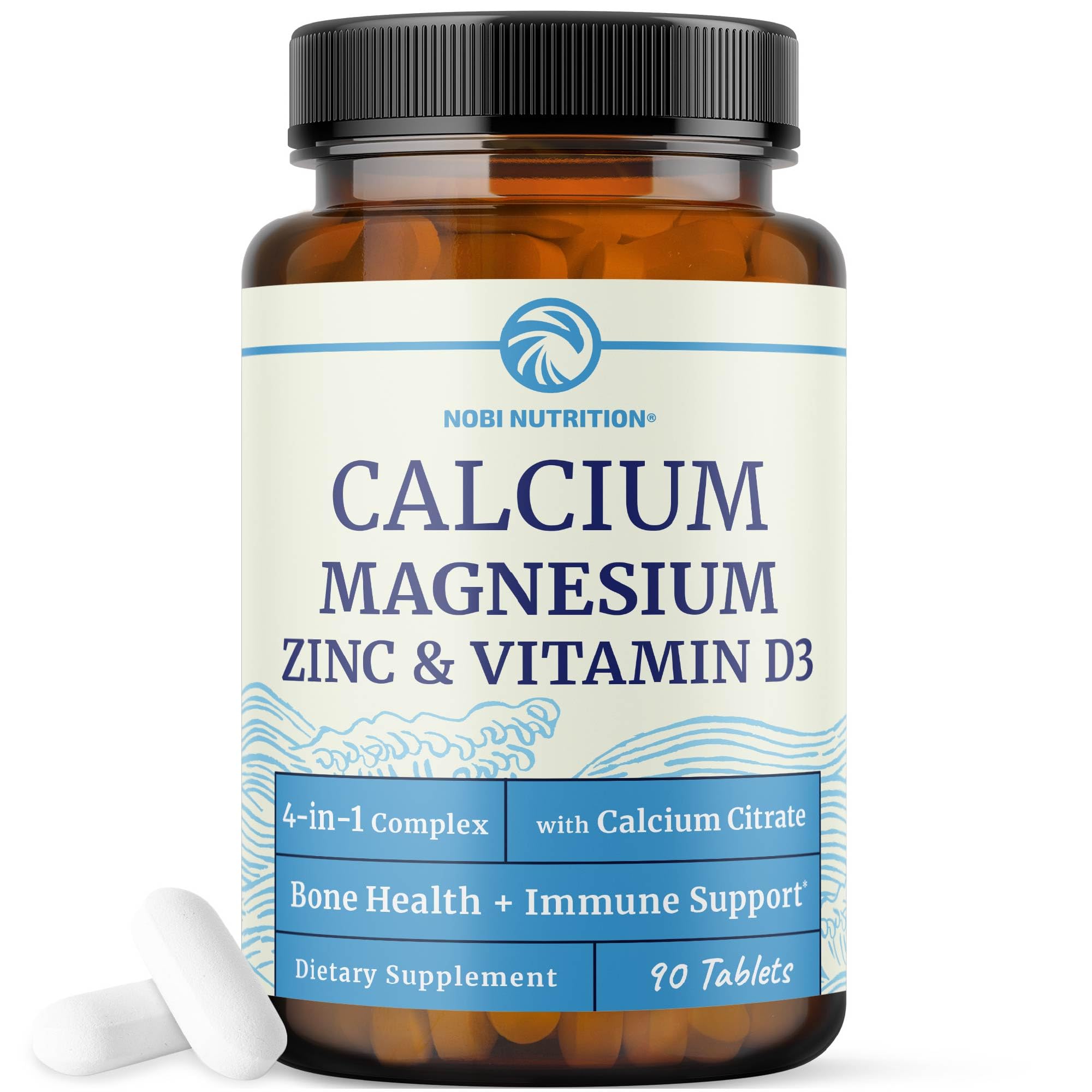 Nobi Nutrition Calcium Magnesium Zinc D3 bottle front, showcasing daily wellness support