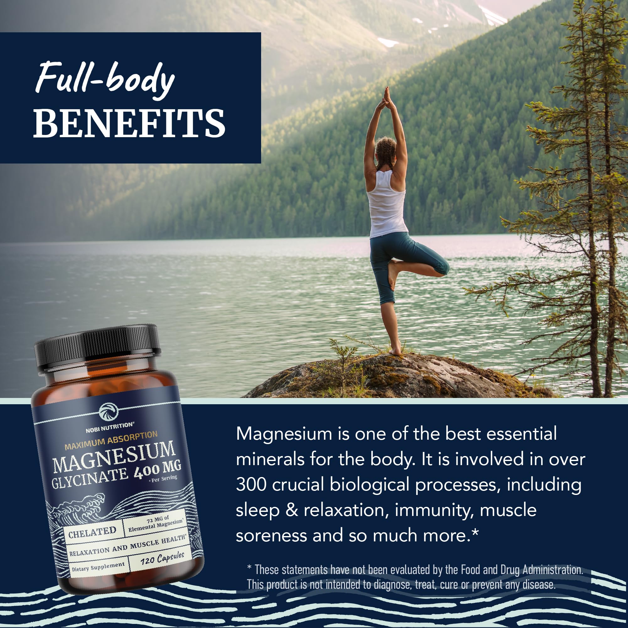 Nobi Nutrition magnesium glycinate ingredients panel showing gluten-free and non-GMO claims.