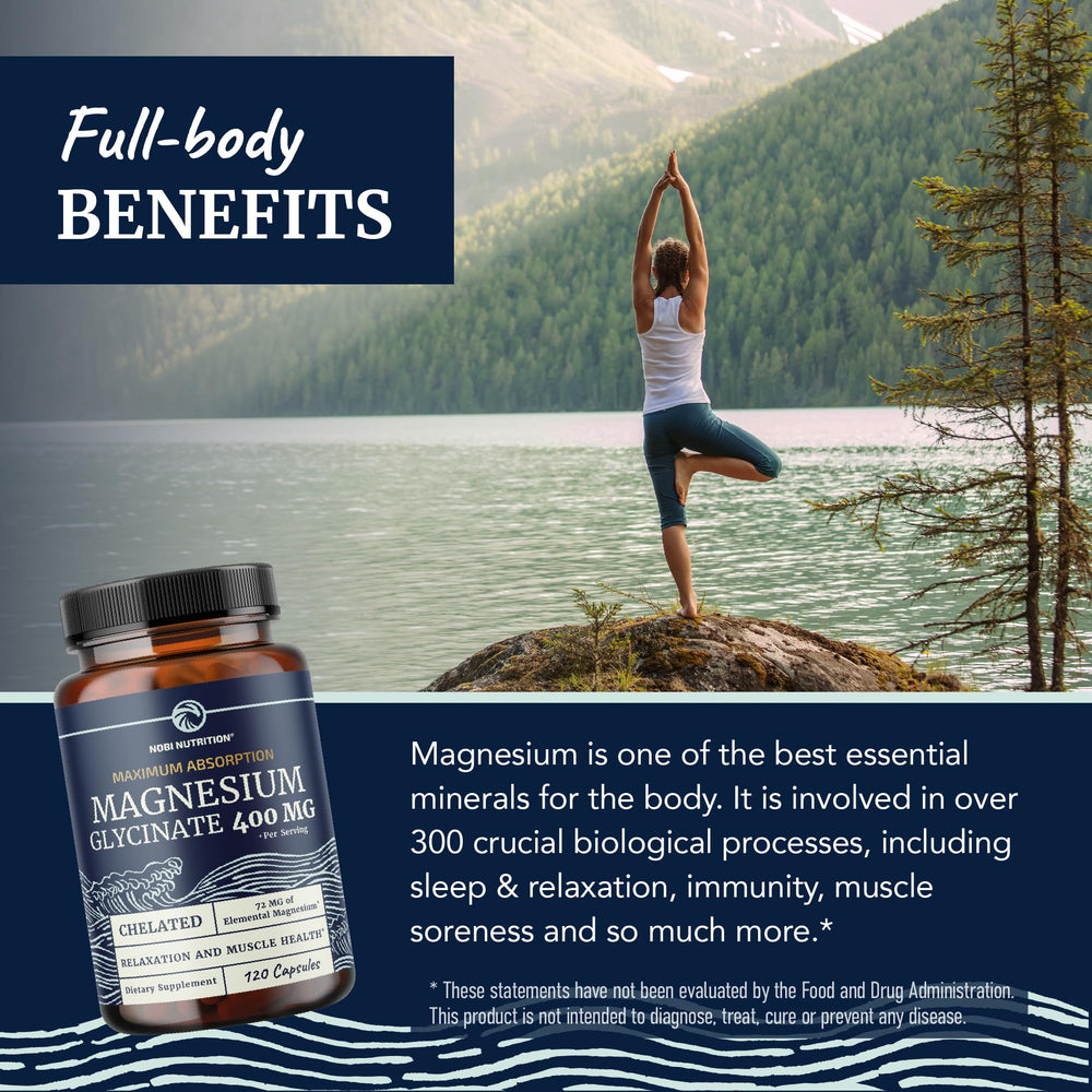 Nobi Nutrition magnesium glycinate ingredients panel showing gluten-free and non-GMO claims.