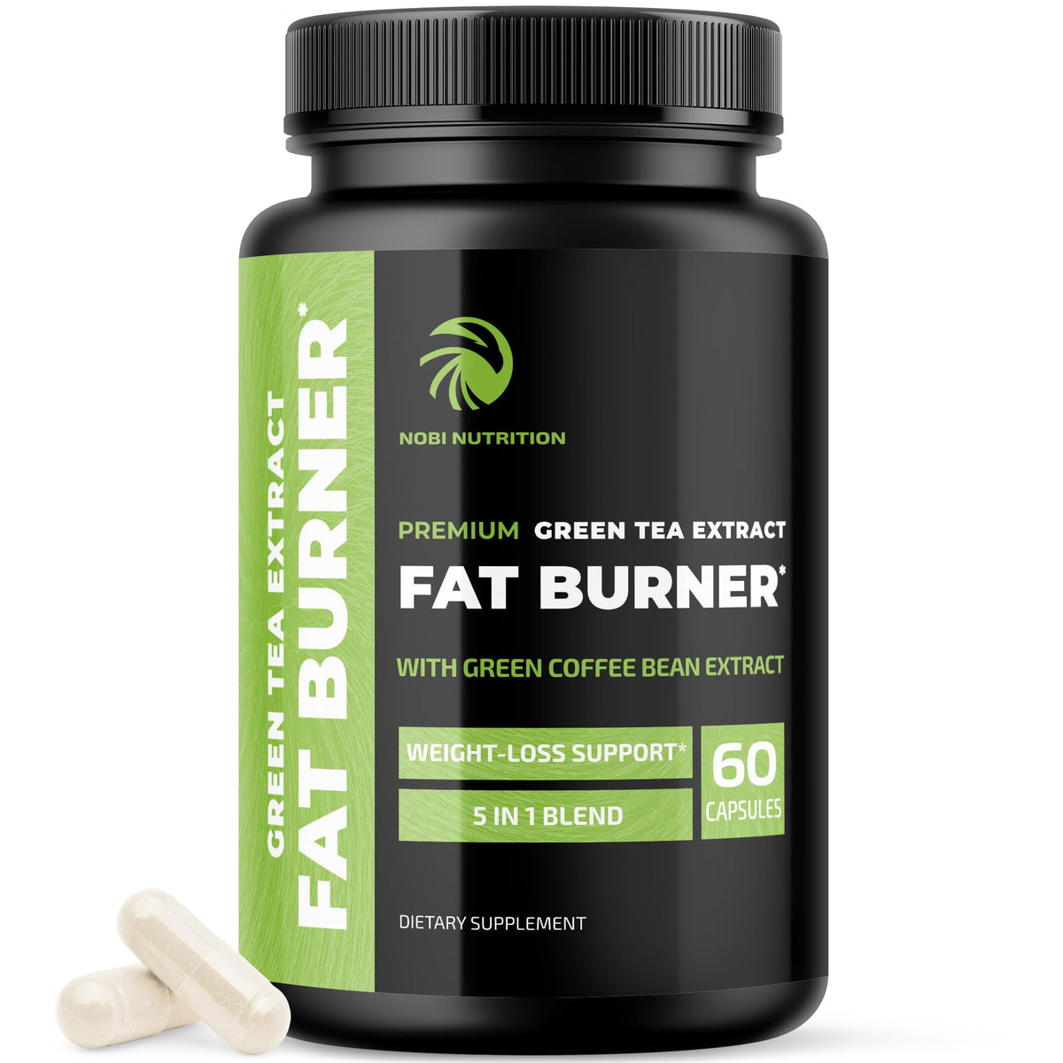 Nobi Nutrition Green Tea Weight Loss Pills bottle on a clean surface for daily weight management