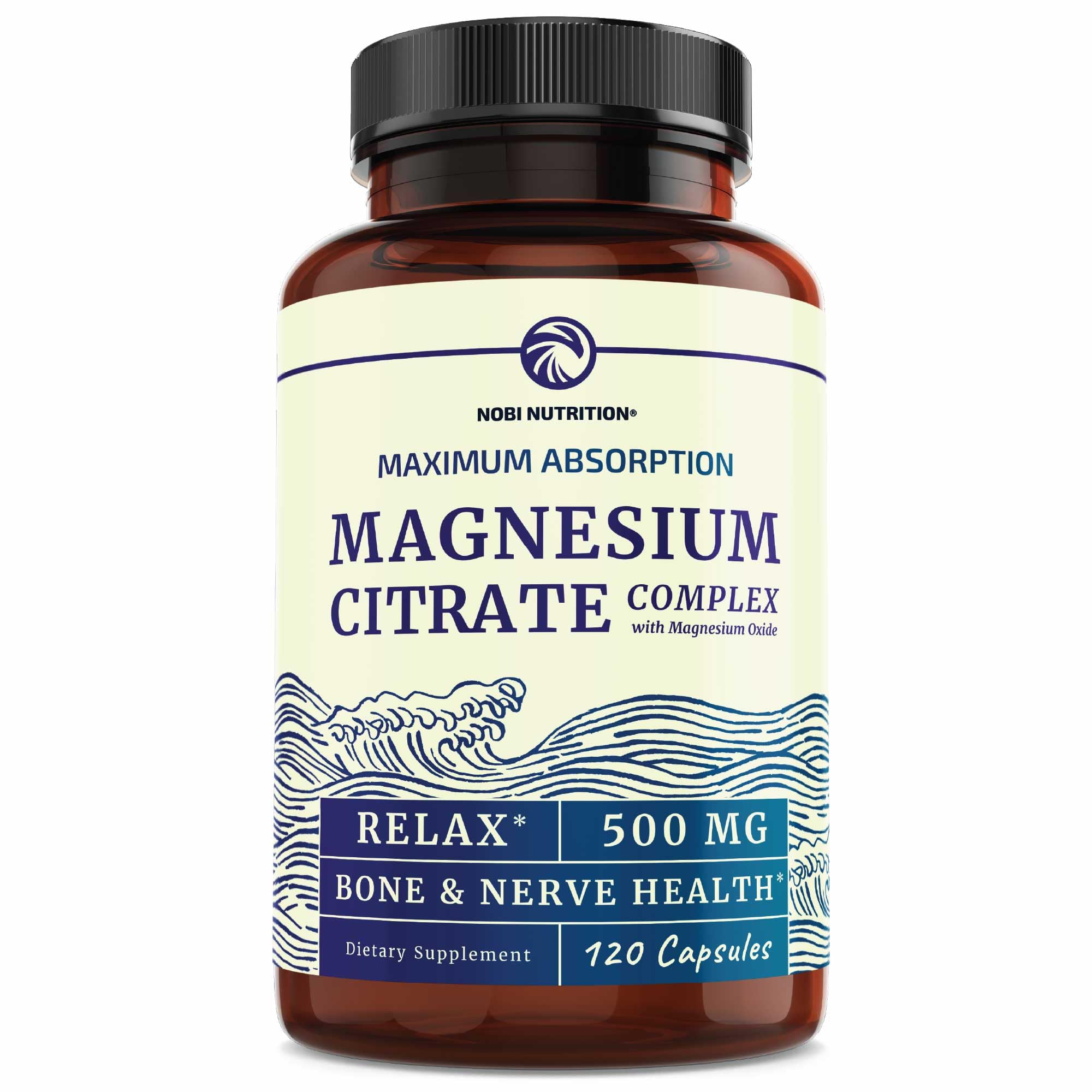Nobi Nutrition Magnesium Citrate 500mg bottle highlighting high-absorption formula for daily use