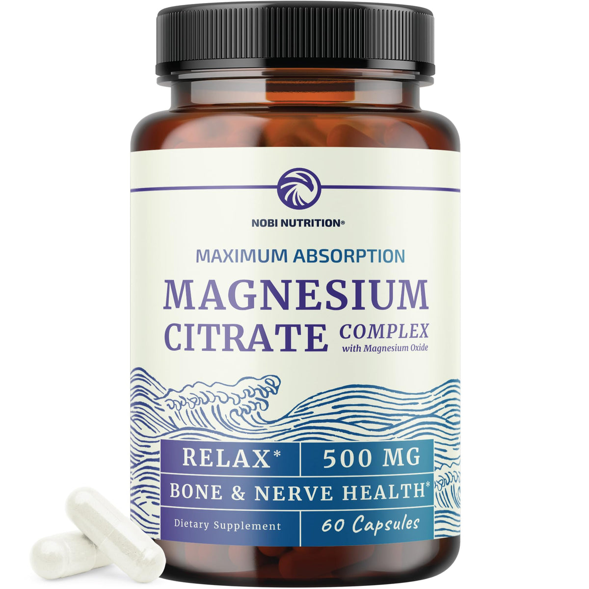 Nobi Nutrition Magnesium Citrate 500mg capsules bottle shown for digestion support.