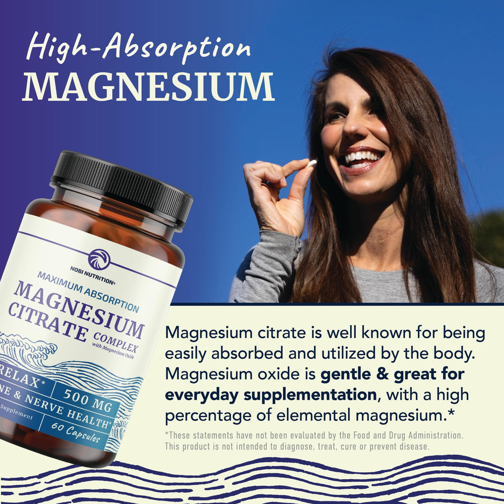 Close-up of Nobi Nutrition magnesium citrate capsules for easy swallowing.