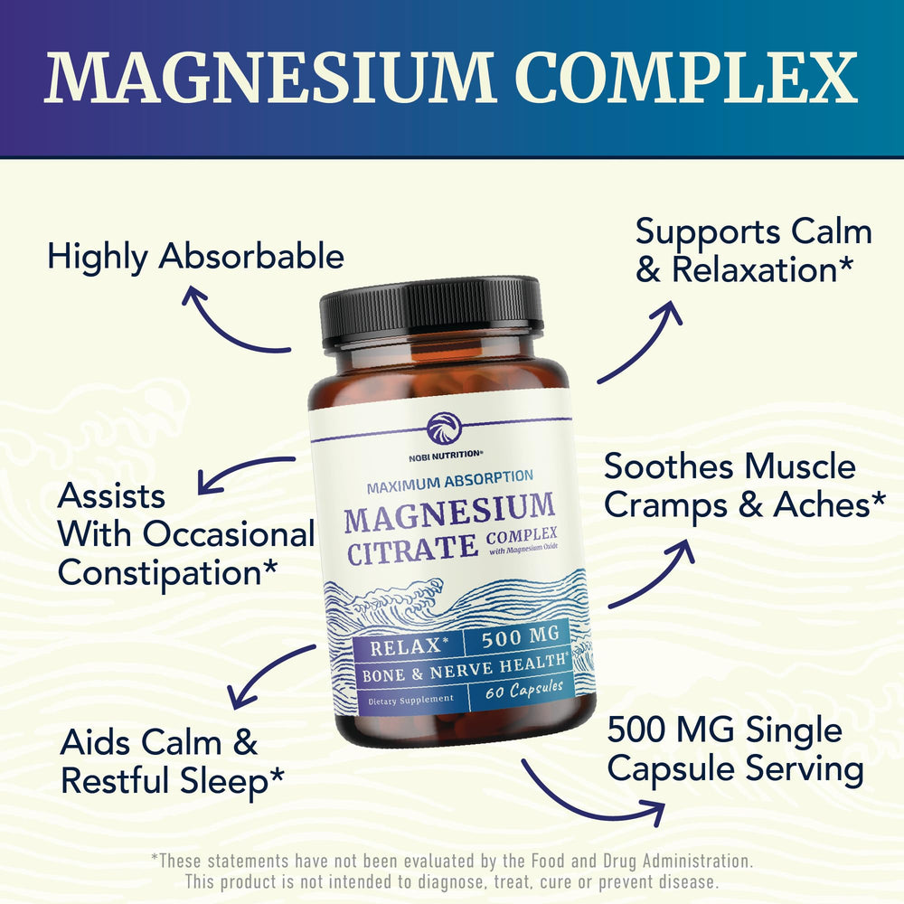 Nobi Nutrition Magnesium Citrate Complex bottle highlighting high absorption formula.