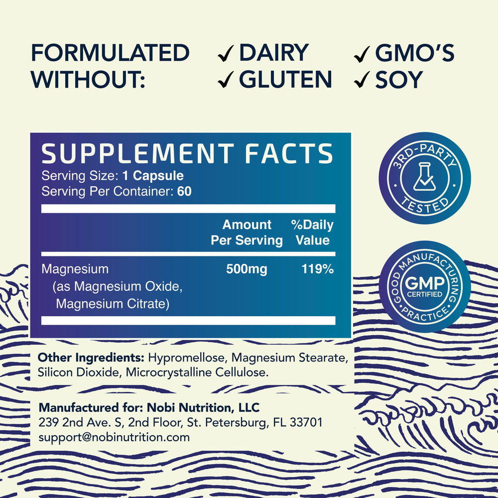 Close-up of Nobi Nutrition magnesium citrate label emphasizing non-GMO and soy-free.