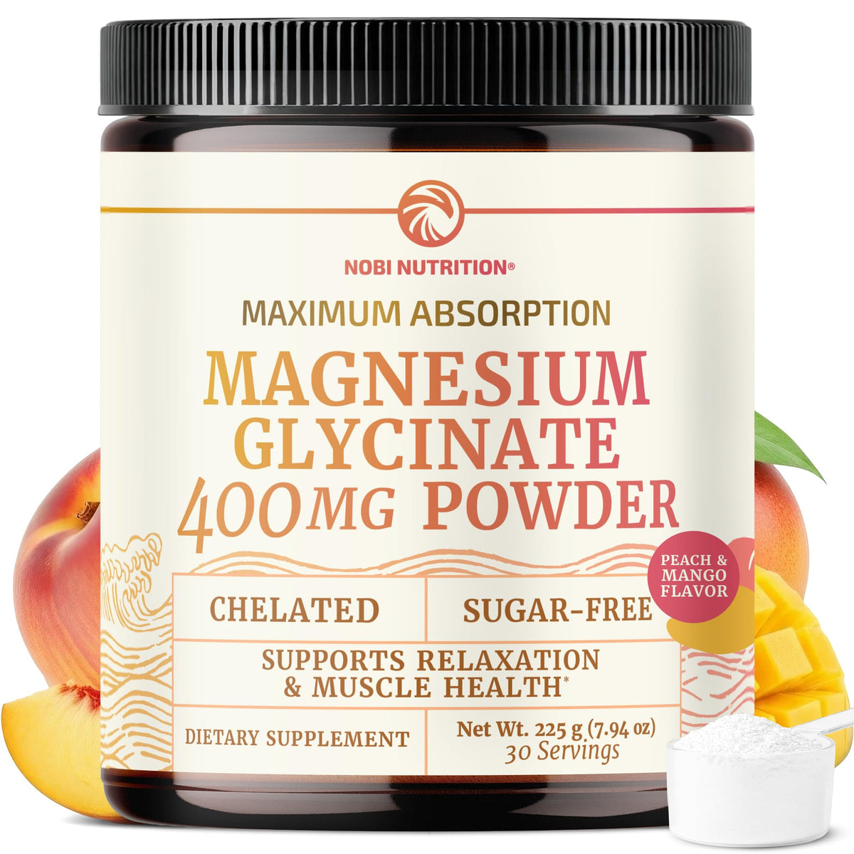 Nobi Nutrition Magnesium Glycinate Powder bottle front for high-absorption daily support