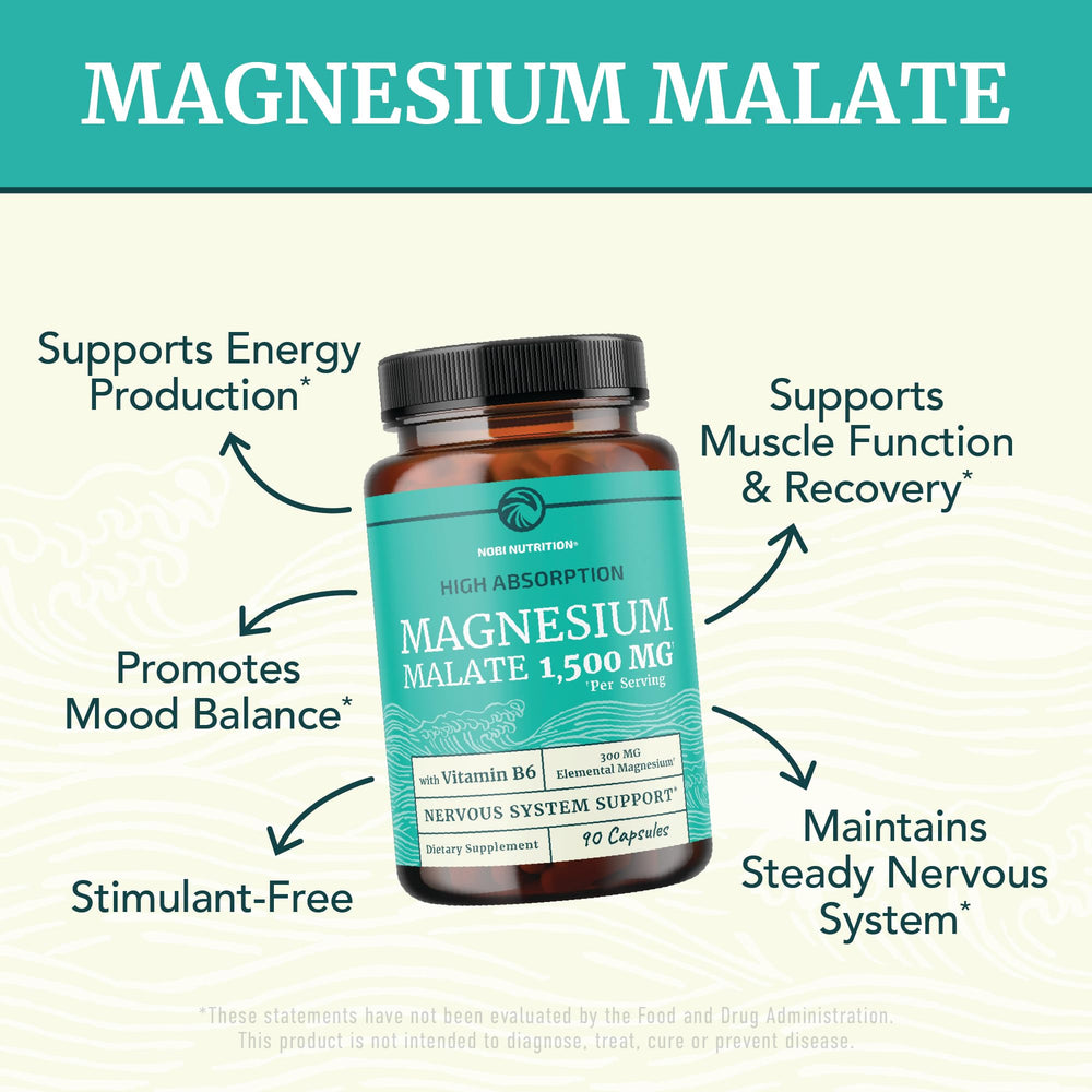Nobi Nutrition Magnesium Malate 1500mg capsules closeup for easy-to-swallow daily use