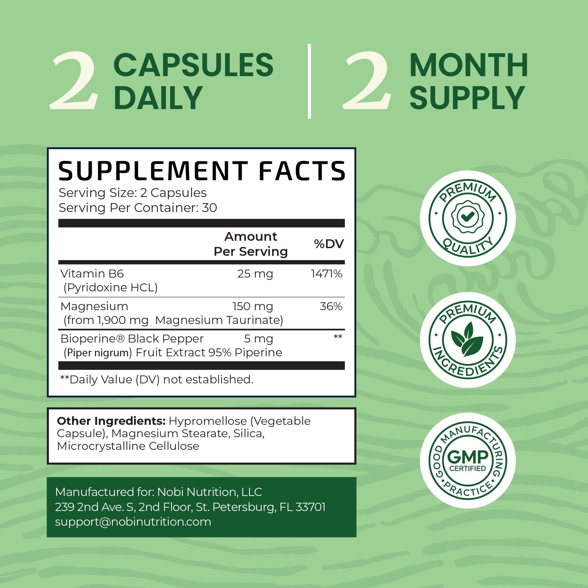 Nobi Magnesium Taurate with Vitamin B6 closeup signals enhanced absorption.