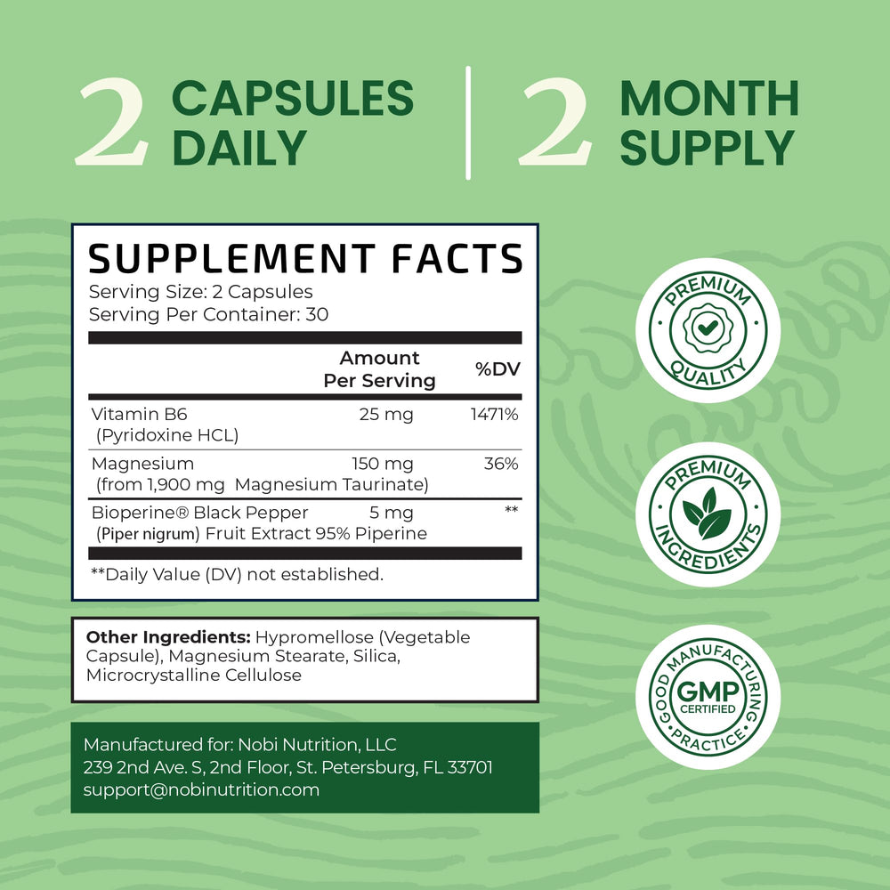 Nobi Magnesium Taurate with Vitamin B6 closeup signals enhanced absorption.