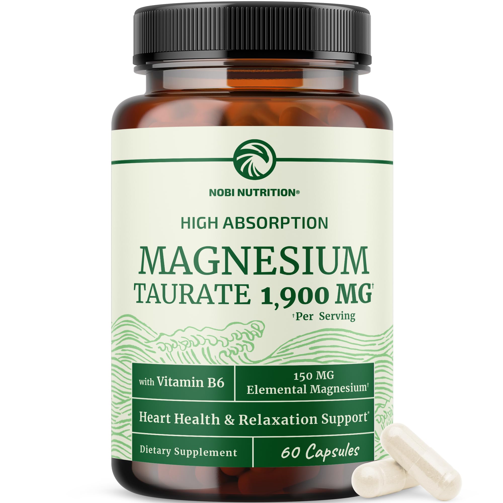 Nobi Nutrition Magnesium Taurate bottle highlights high-absorption formula for daily calm.