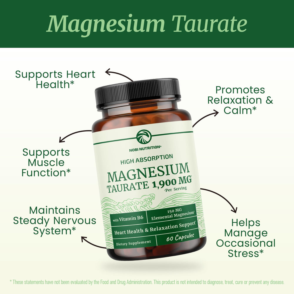 Nobi Magnesium Taurate capsules closeup emphasizes elemental magnesium delivery for muscles and sleep.