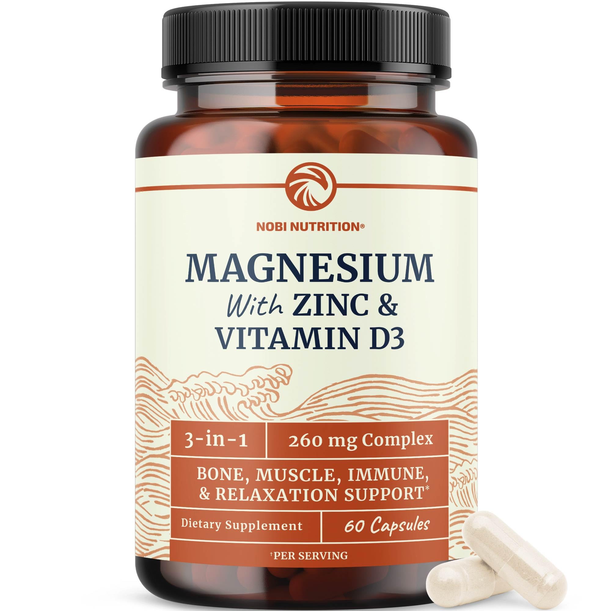 Nobi Nutrition Magnesium Zinc D3 capsule close-up for balanced daily wellness.