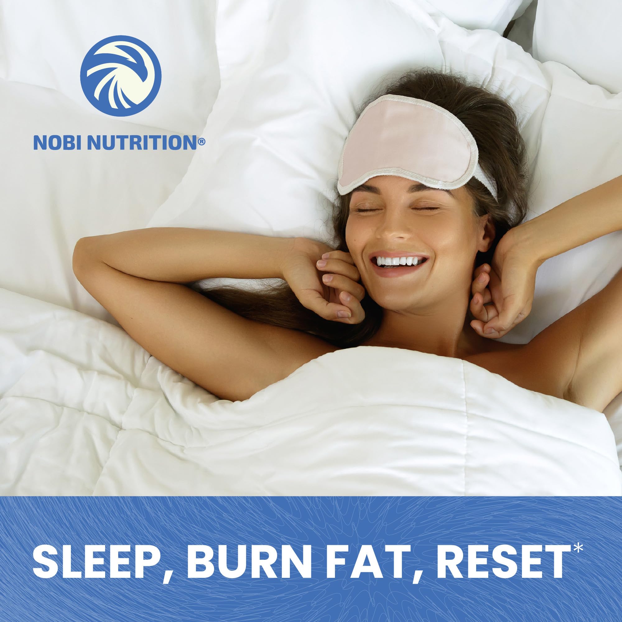 Nobi Nutrition Night Time Fat Burner in a cozy nightstand scene for sleep-focused goals.