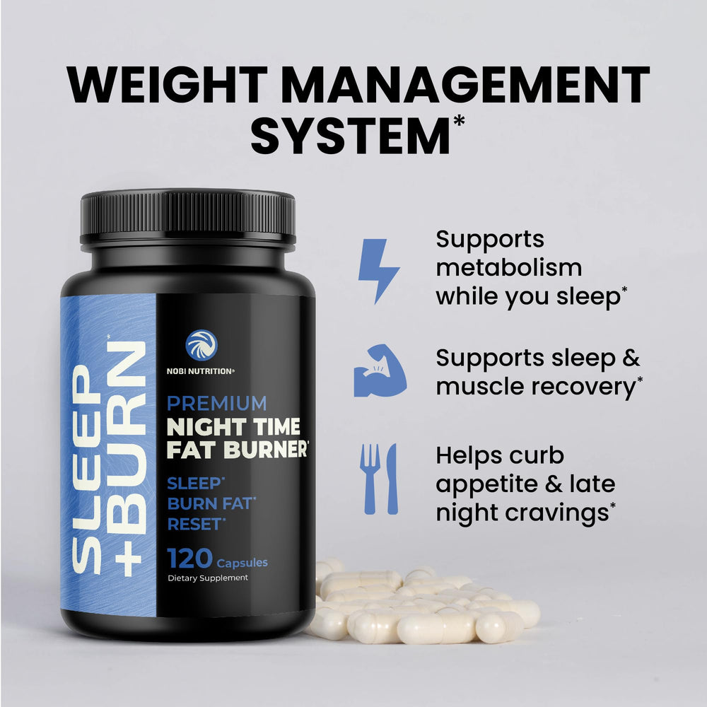 Nobi Nutrition Night Time Fat Burner label highlighting GMP quality and 120 capsules.