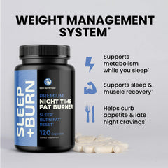 Nobi Nutrition Night Time Fat Burner label highlighting GMP quality and 120 capsules.