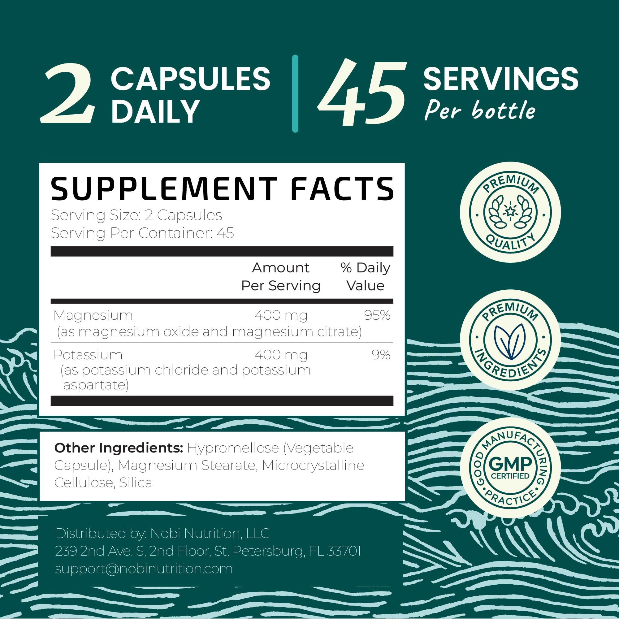 Nobi Nutrition label close-up highlights 400 mg potassium and 400 mg magnesium.