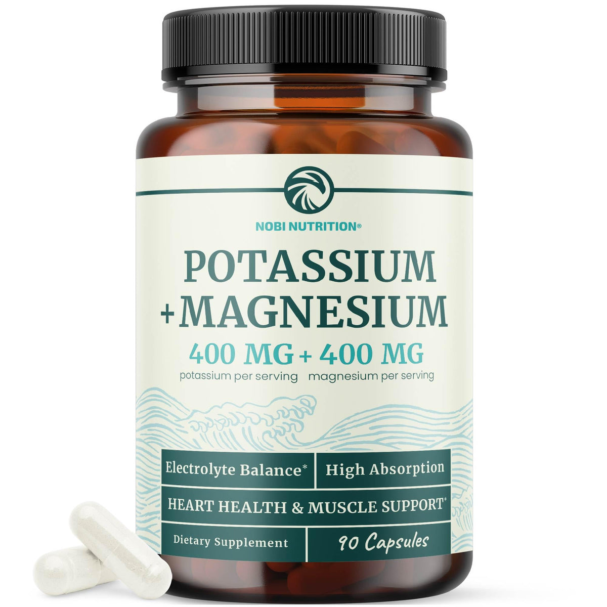 Nobi Nutrition Potassium Magnesium bottle front, highlighting high-strength electrolyte support.