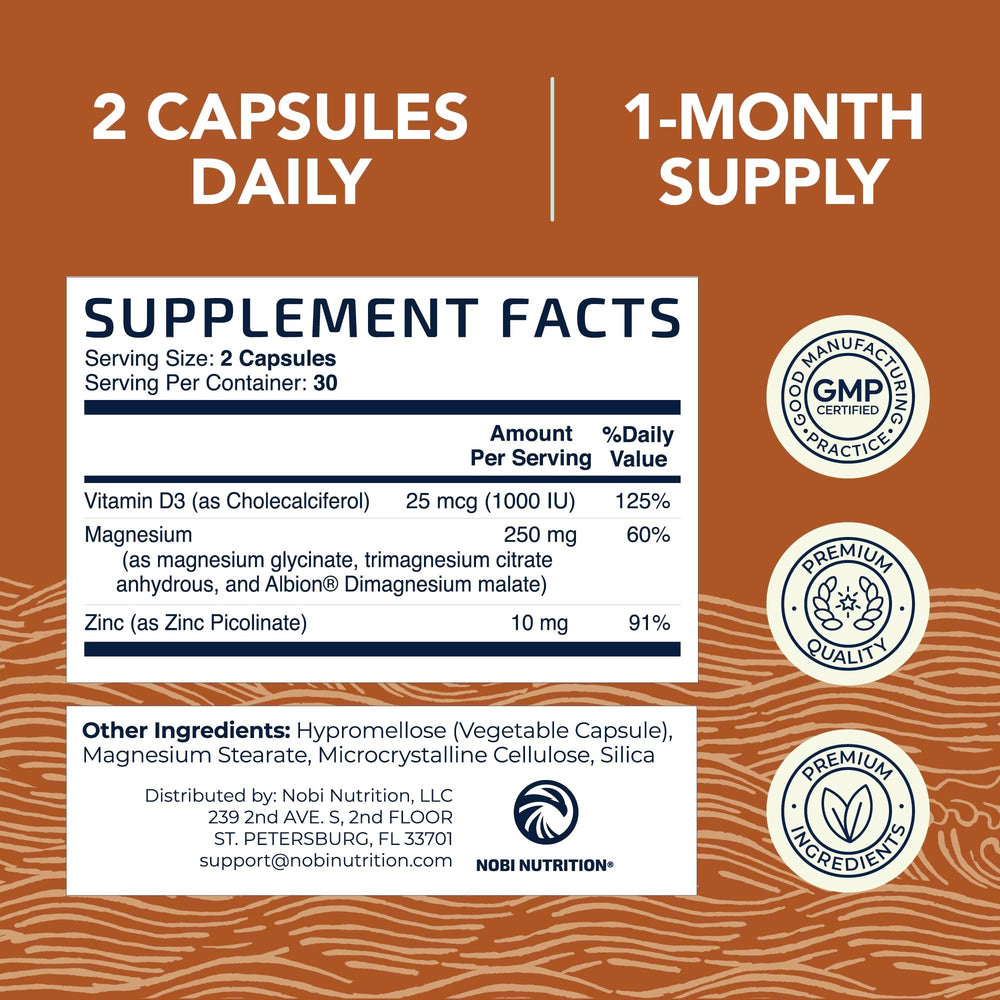 Nobi Nutrition scene suggests restful sleep potential from magnesium and zinc.