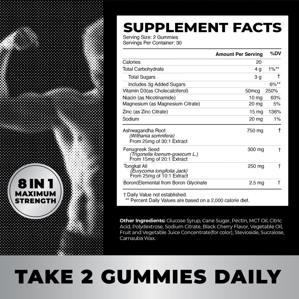 Front of Test Boost Max package showing 60 gummies for daily supplementation.