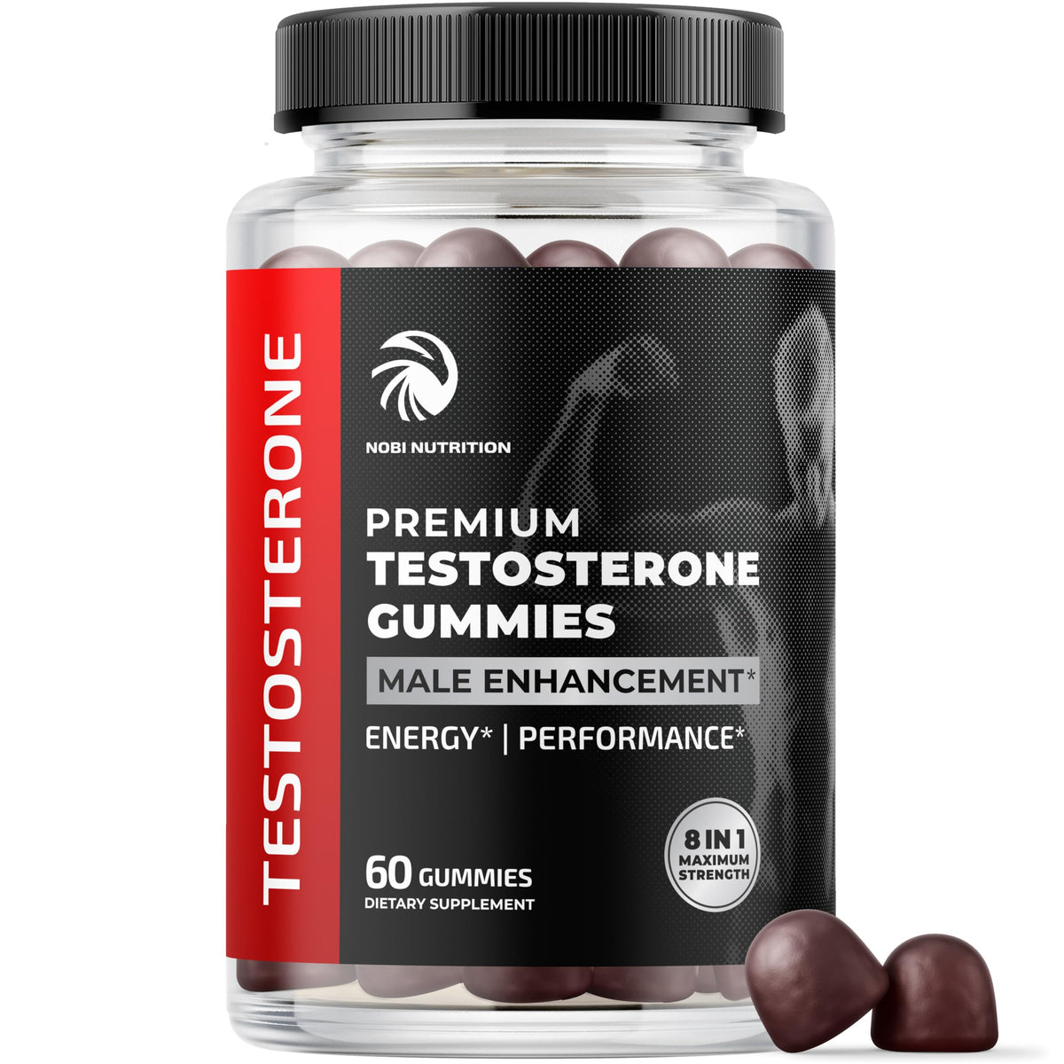 Nobi Nutrition Test Boost Max bottle with gummies for male performance and stamina support.