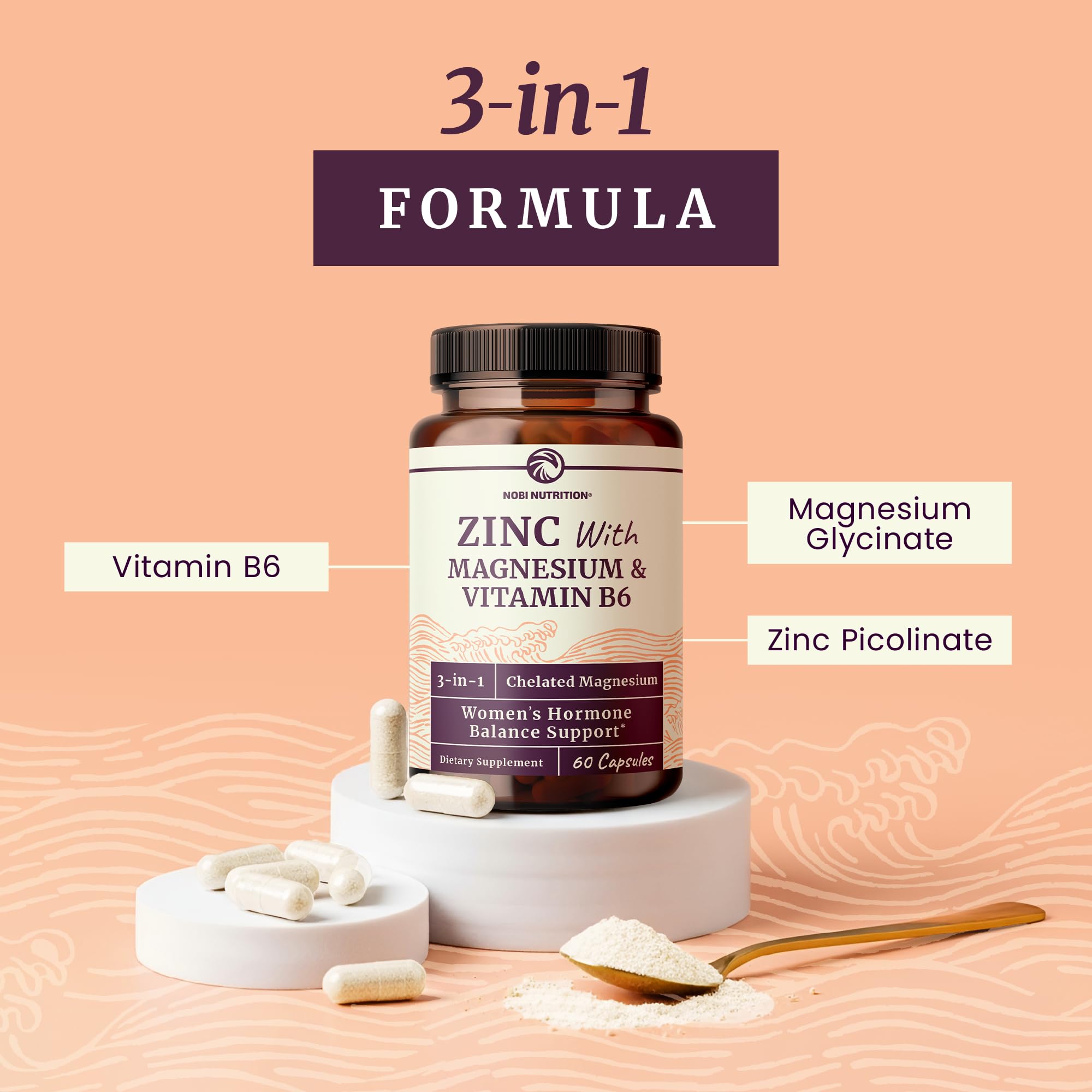 Bottle back-label shows vitamin B6 supporting hormone balance and mood