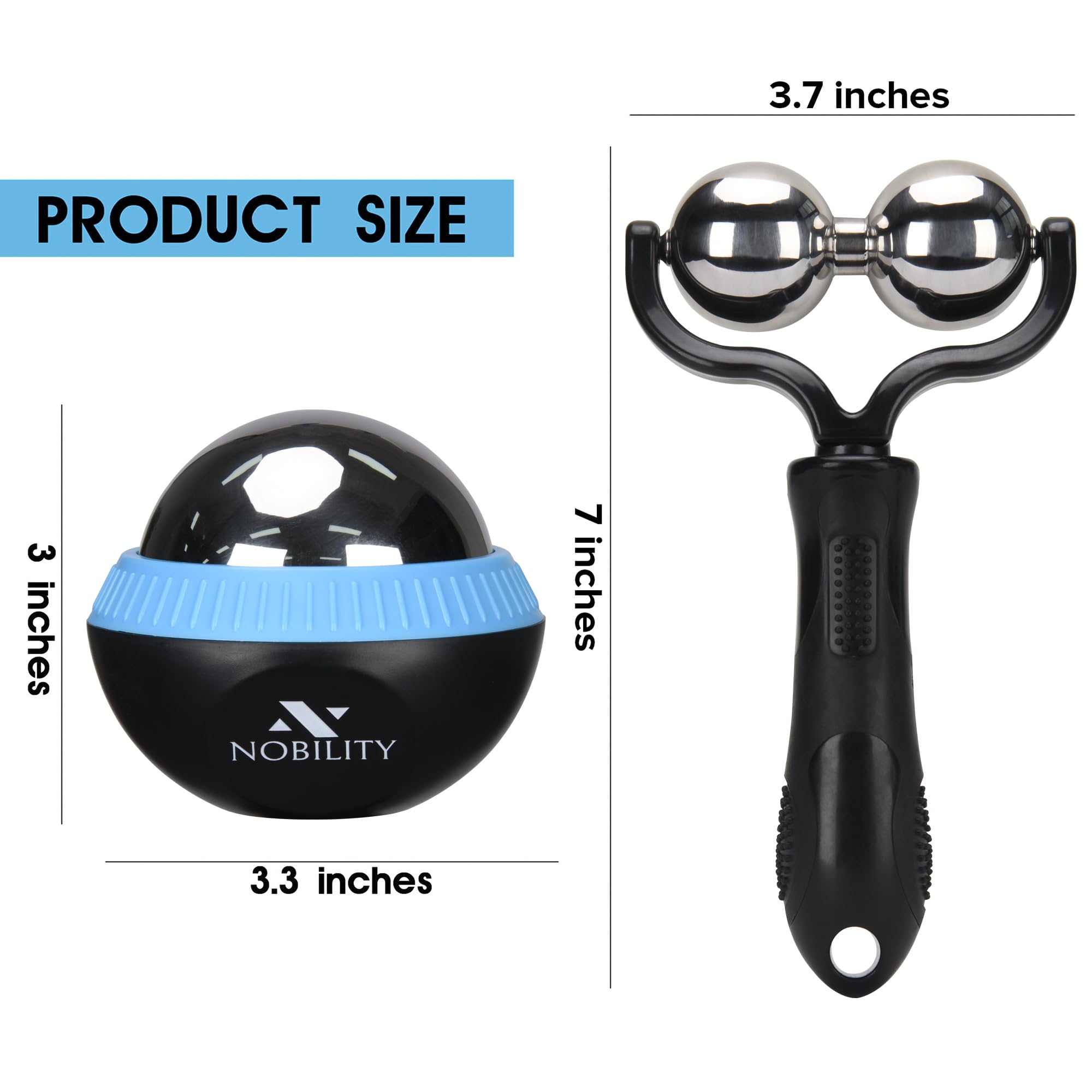 Nobility massage ball roller demonstrates 360-degree rolling for hard-to-reach spots.