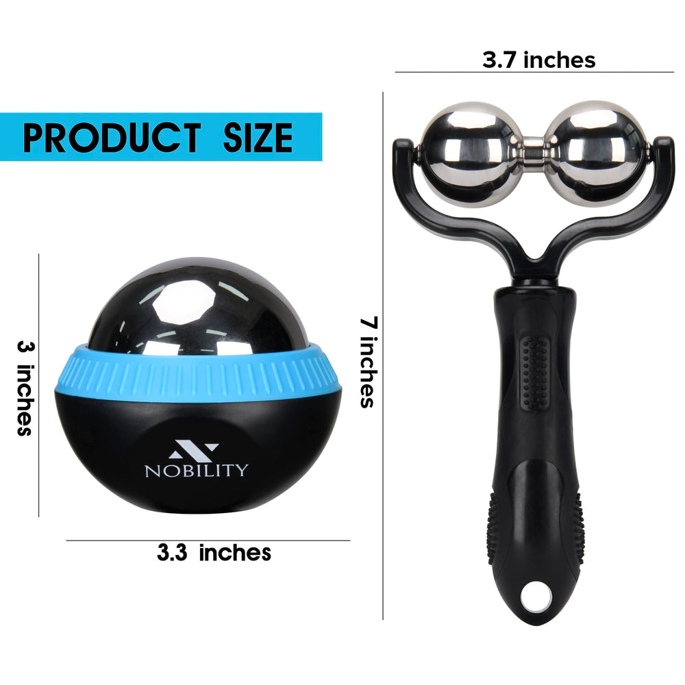 Nobility massage ball roller demonstrates 360-degree rolling for hard-to-reach spots.