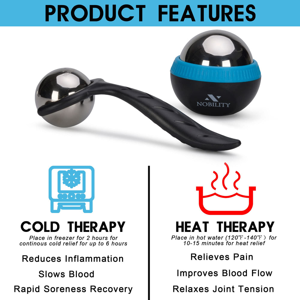 Nobility massage ball roller showcases ergonomic handle for easy rolling.