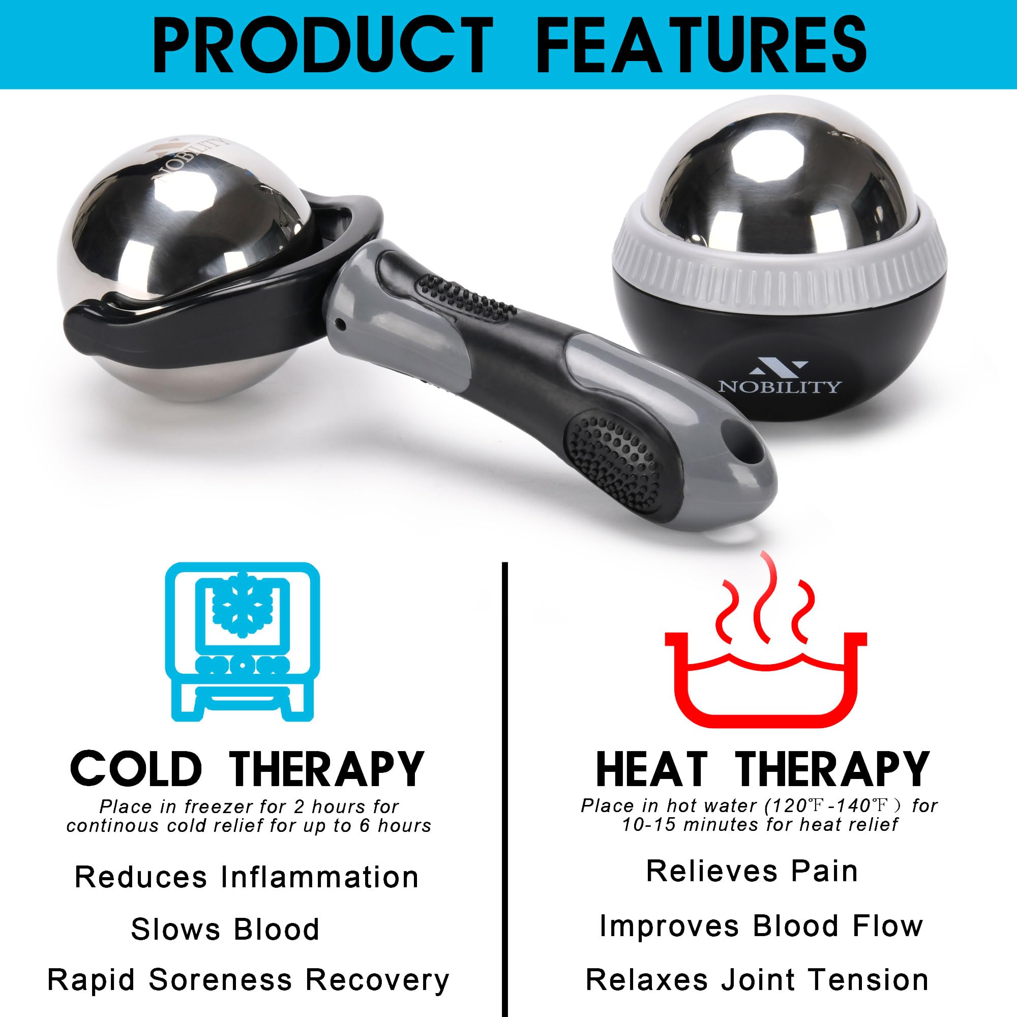 Nobility massage ball roller demonstrates hot therapy for soothing relief.