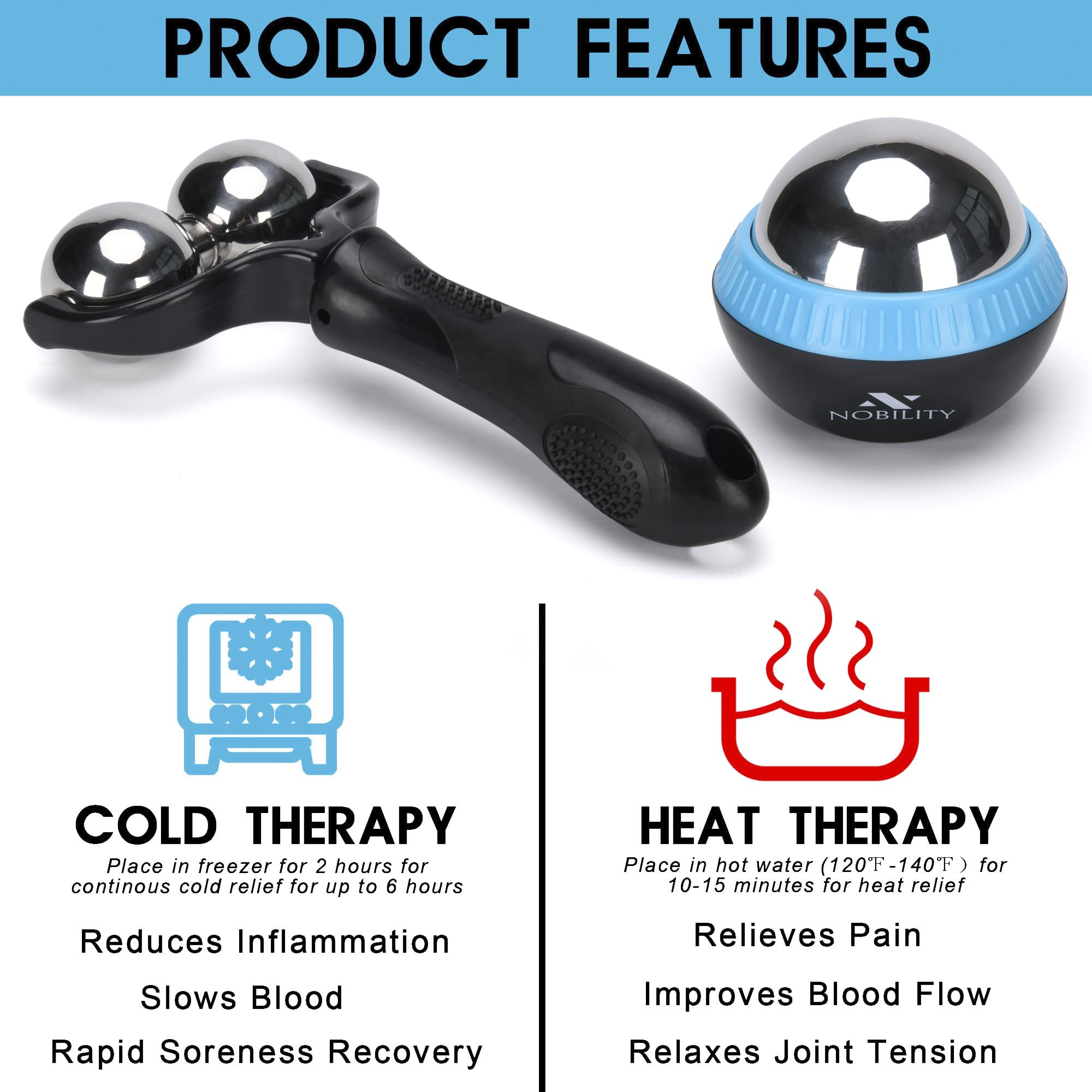 Nobility massage ball roller offers six-hour cold therapy for muscle comfort.