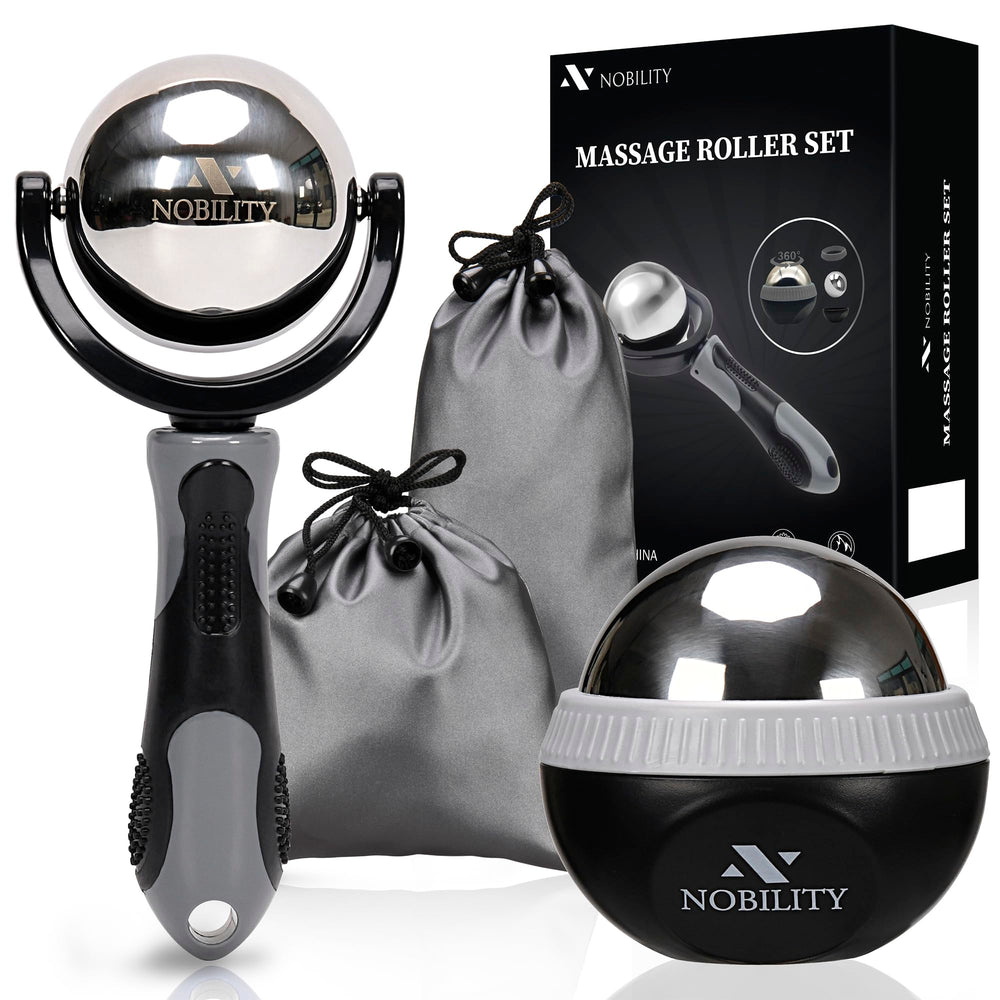 Nobility massage ball roller demonstrates cold therapy for tense muscles.