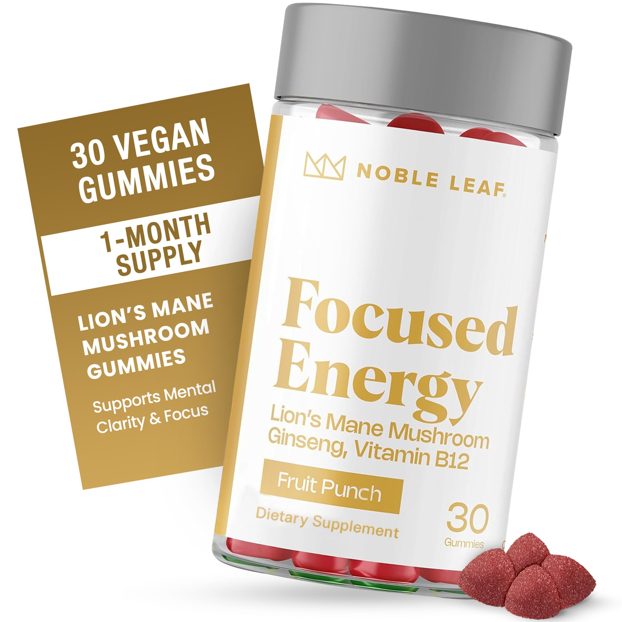 Noble Leaf Lions Mane gummies bottle front for focused daytime energy.