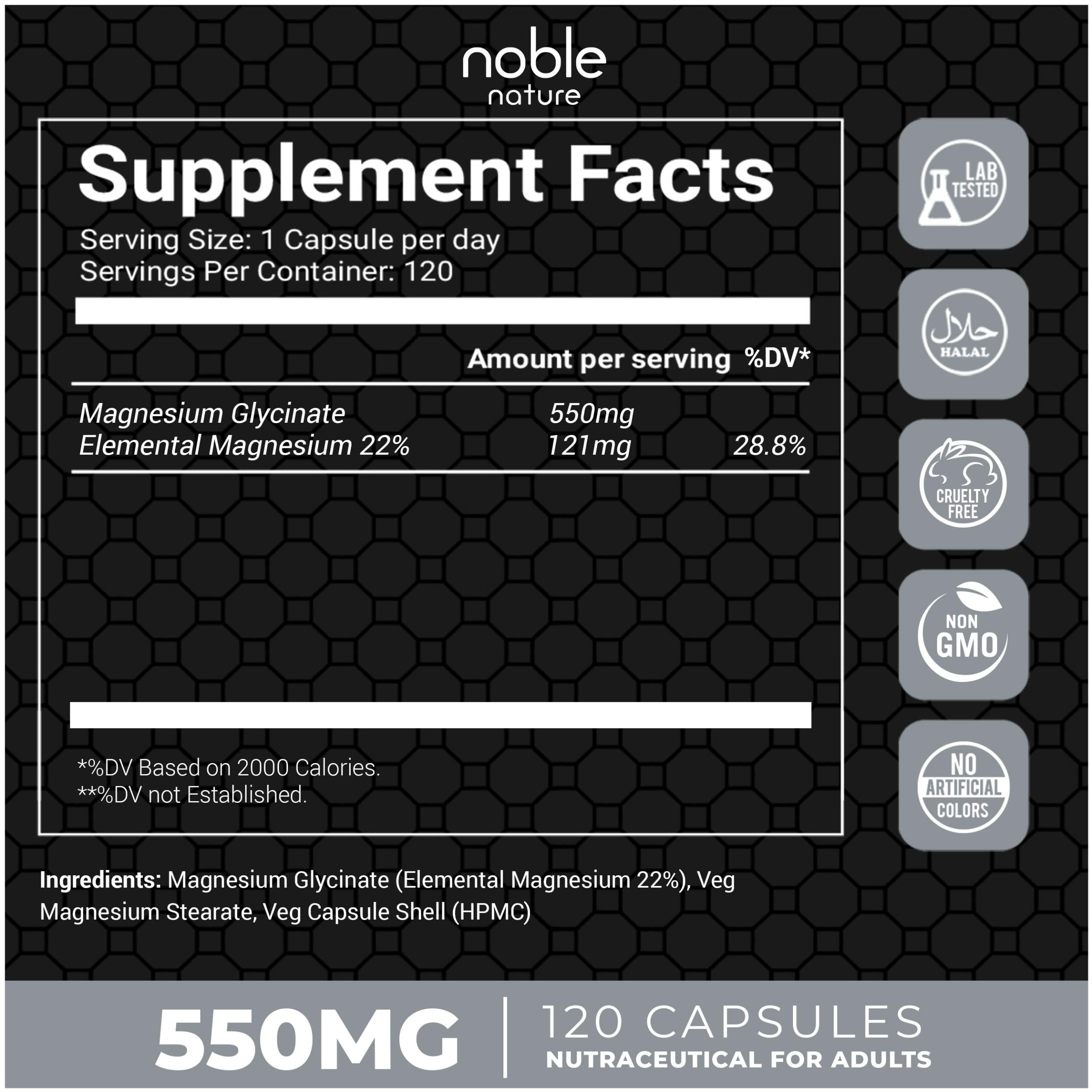 Noble Nature Magnesium Glycinate capsules close-up showing vegetarian, easy-swallow format.