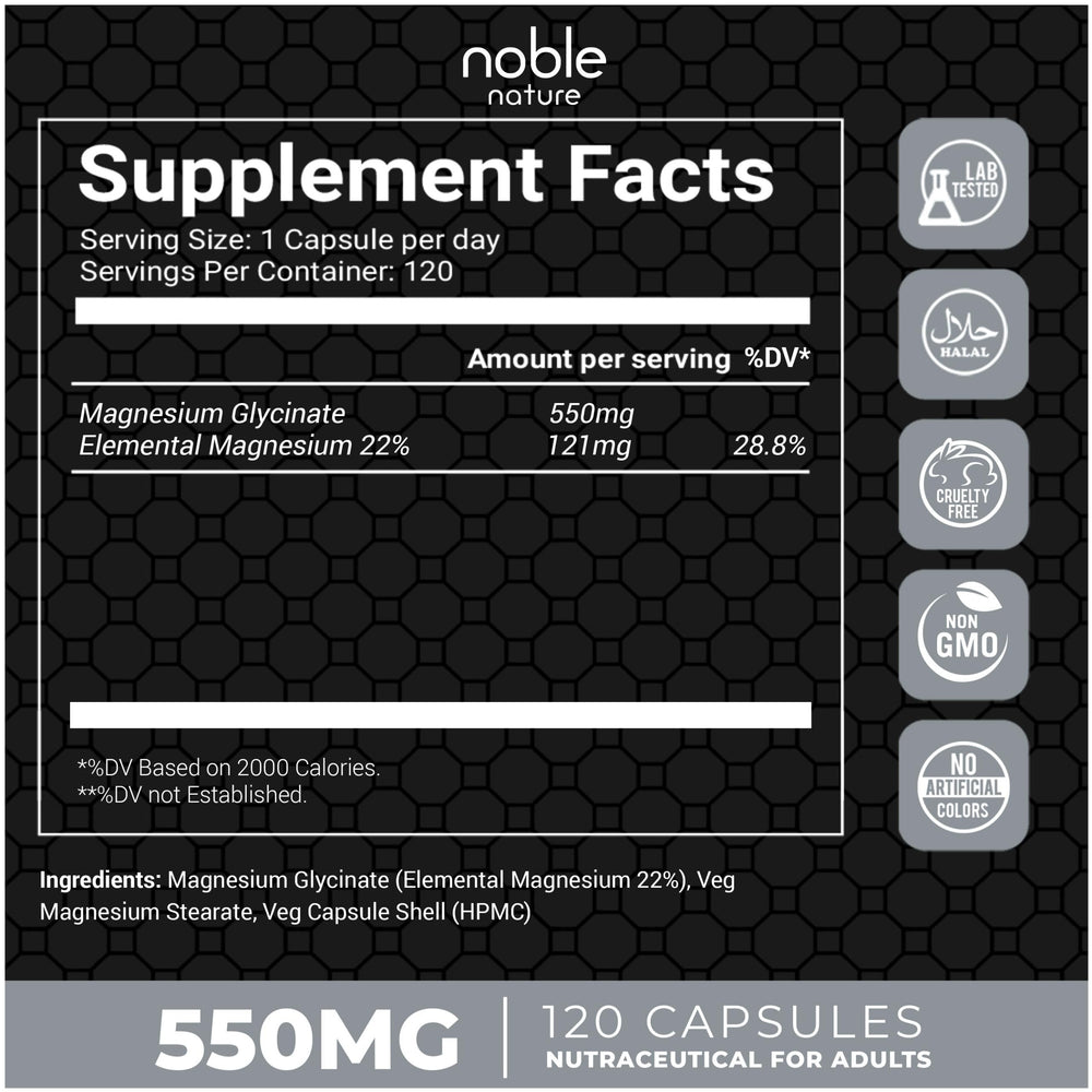 Noble Nature Magnesium Glycinate capsules close-up showing vegetarian, easy-swallow format.