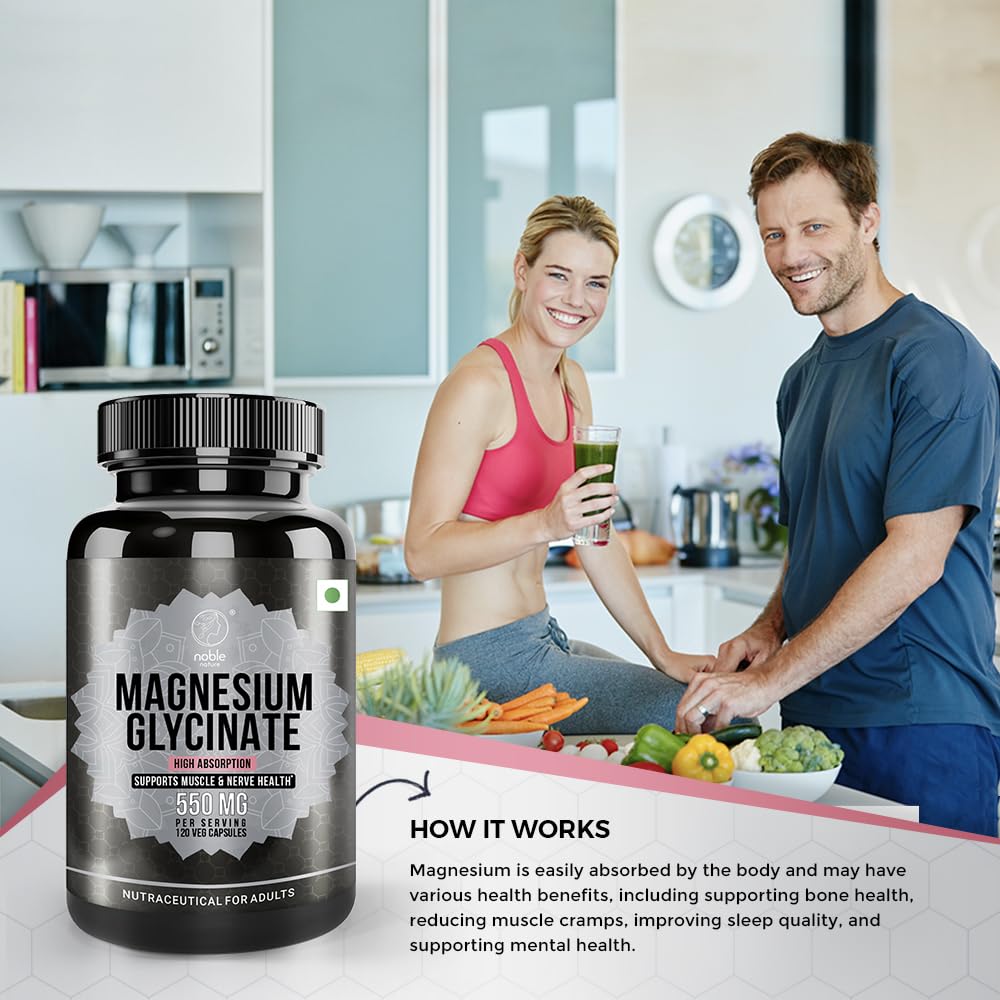 Noble Nature Magnesium Glycinate bottle with glass of water suggesting everyday ritual.