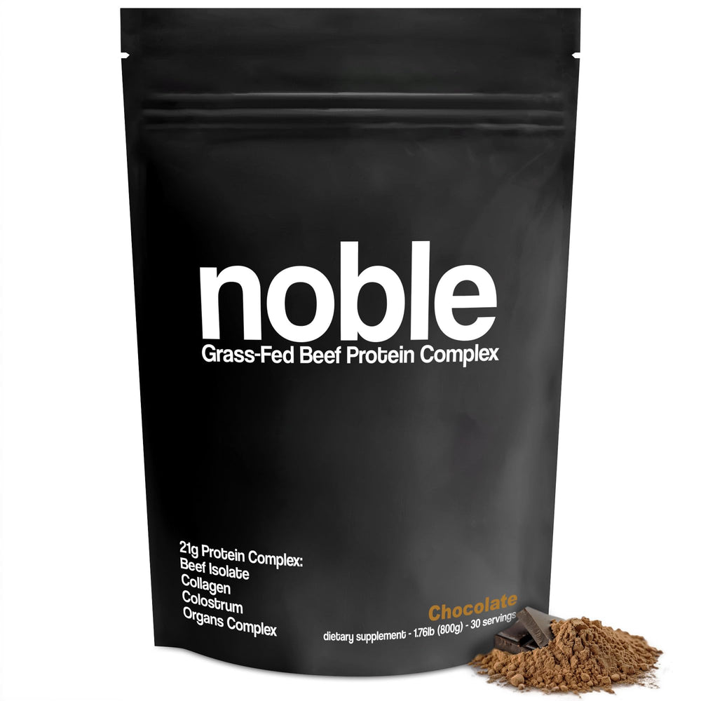 Noble Origins chocolate protein powder bottle shows rich flavor and 21g protein per serving.