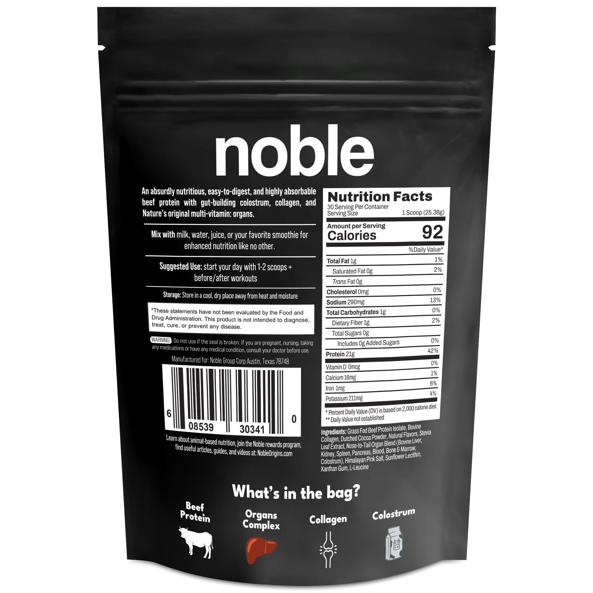 Noble Origins nutrition label close-up showing grass-fed beef protein content.