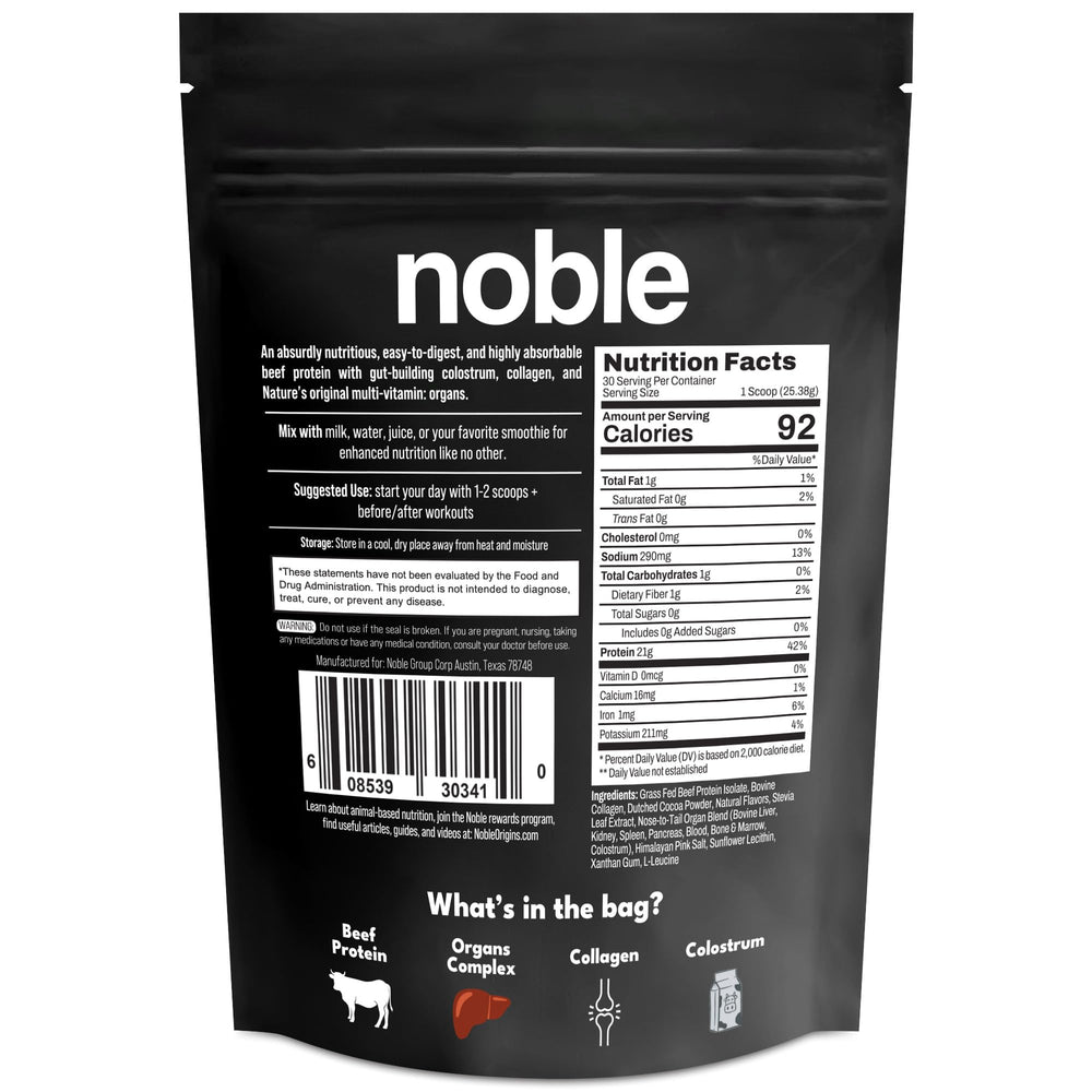 Noble Origins nutrition label close-up showing grass-fed beef protein content.