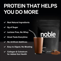 Noble Origins chocolate protein shake in glass, convenient post-workout option.