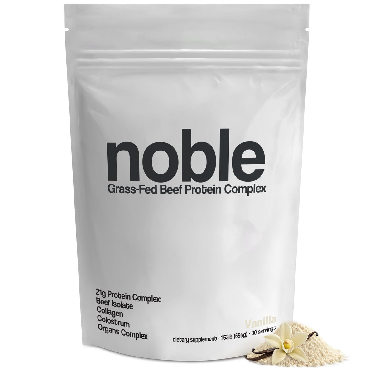 Noble Origins grass-fed beef protein bottle with vanilla for clean muscle support