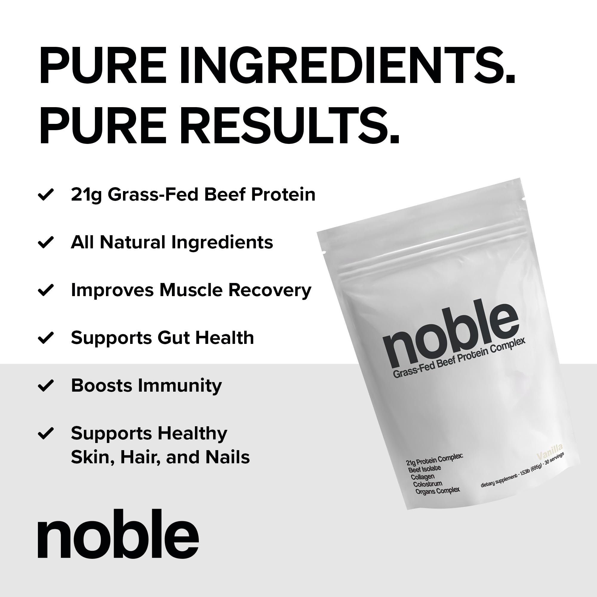 Noble Origins grass-fed beef protein canister showing smooth vanilla mixability