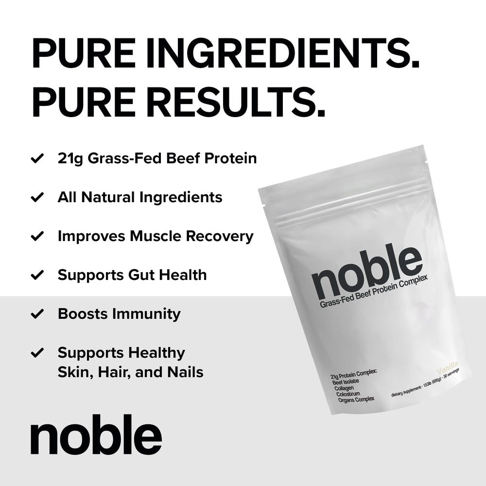 Noble Origins grass-fed beef protein canister showing smooth vanilla mixability