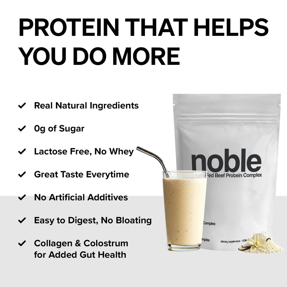 Noble Origins ingredients close-up with collagen, colostrum, and organ blend