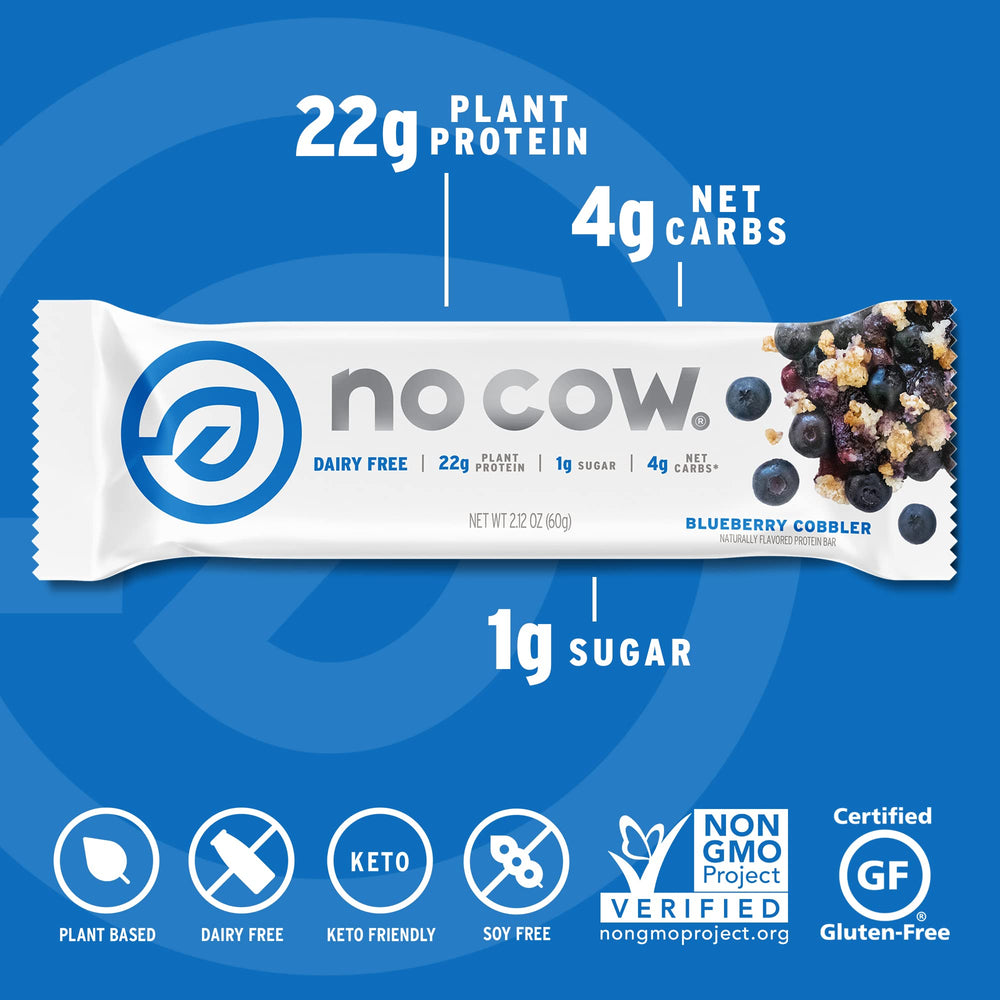 Nutrition facts panel on No Cow blueberry cobbler bar highlights 20g protein per bar.