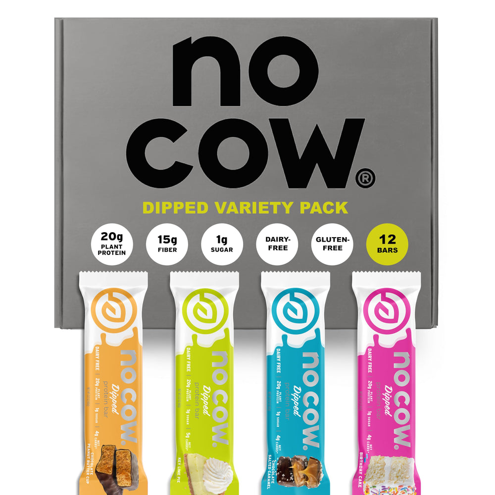 No Cow dipped variety pack assembly—protein-packed snack for busy days