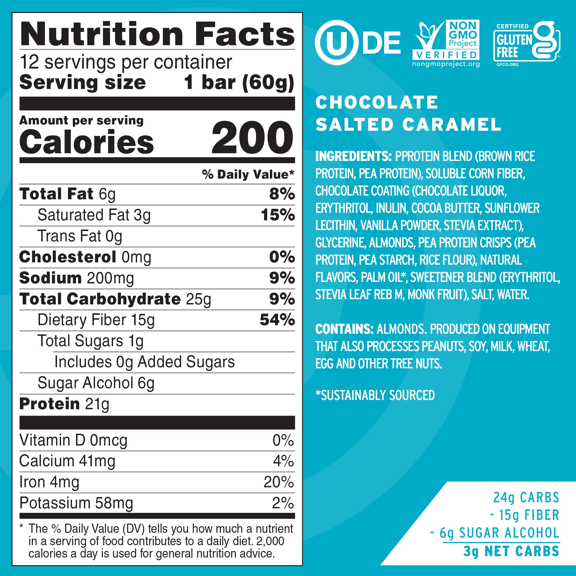 No Cow High Protein Bars closeup reveals chocolate and caramel flavor